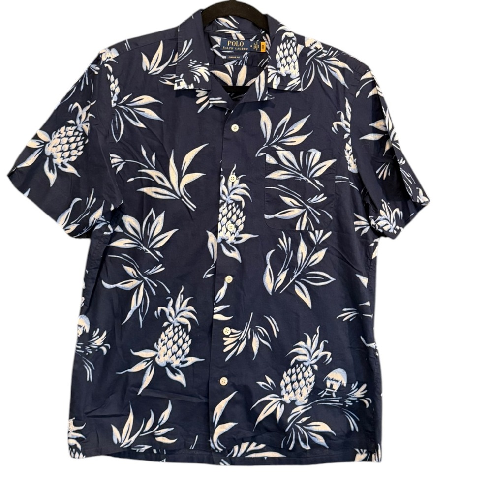 Polo Ralph Lauren Resortwear Vacation Pineapple Camp Shirt Navy Hawaiian Sz M